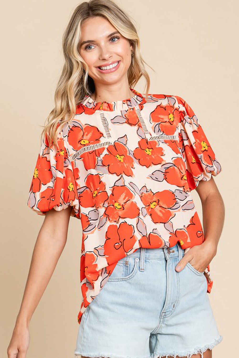 Women's Orange Floral Bubble Sleeve Frill Neck Loose Blouse - Detail View 6 Women's Orange Floral Bubble Sleeve Frill Neck Loose Blouse - Detail View 6