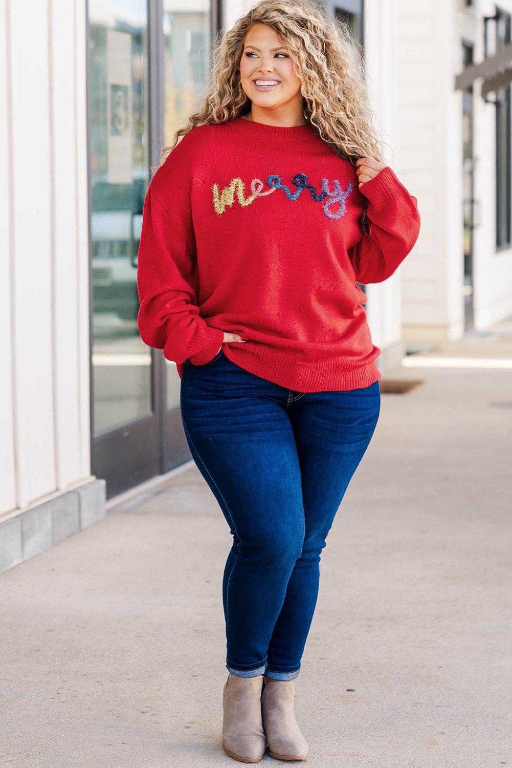 Fiery Red Tinsel Merry Pattern Drop Shoulder Plus Size Sweater for Women - Detail View 13 Fiery Red Tinsel Merry Pattern Drop Shoulder Plus Size Sweater for Women - Detail View 13