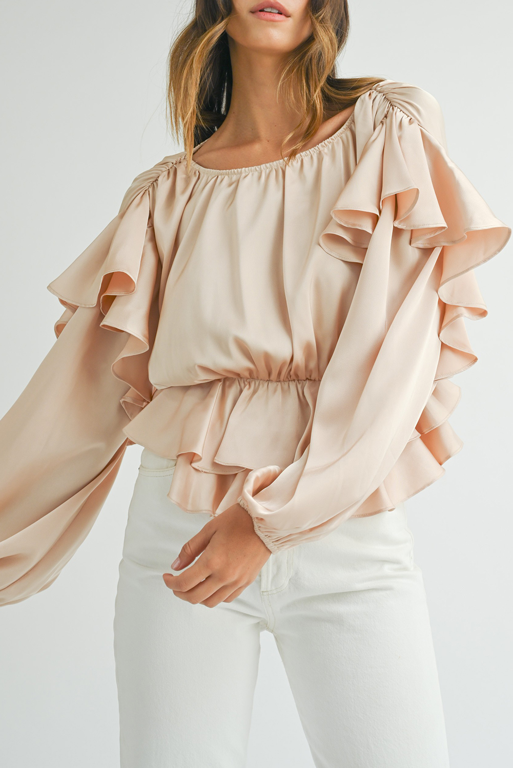 Chic Solid Oatmeal Blouse with Keyhole Back and Ruffled Peplum Hem - Detail View 2 Chic Solid Oatmeal Blouse with Keyhole Back and Ruffled Peplum Hem - Detail View 2