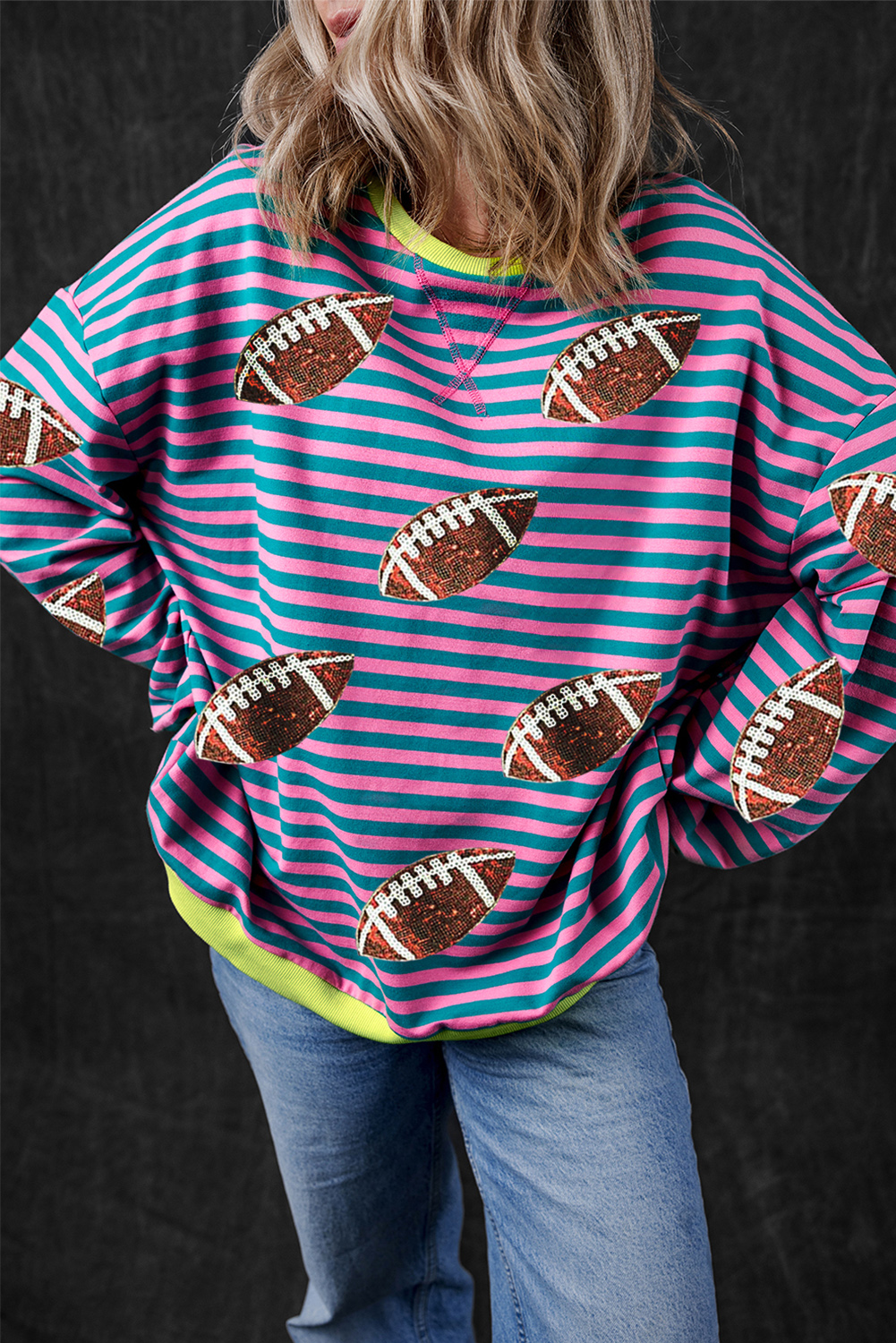 Trendy and Cozy Green Stripe Sequin Sweatshirt for Game Day Fun - Detail View 3 Trendy and Cozy Green Stripe Sequin Sweatshirt for Game Day Fun - Detail View 3