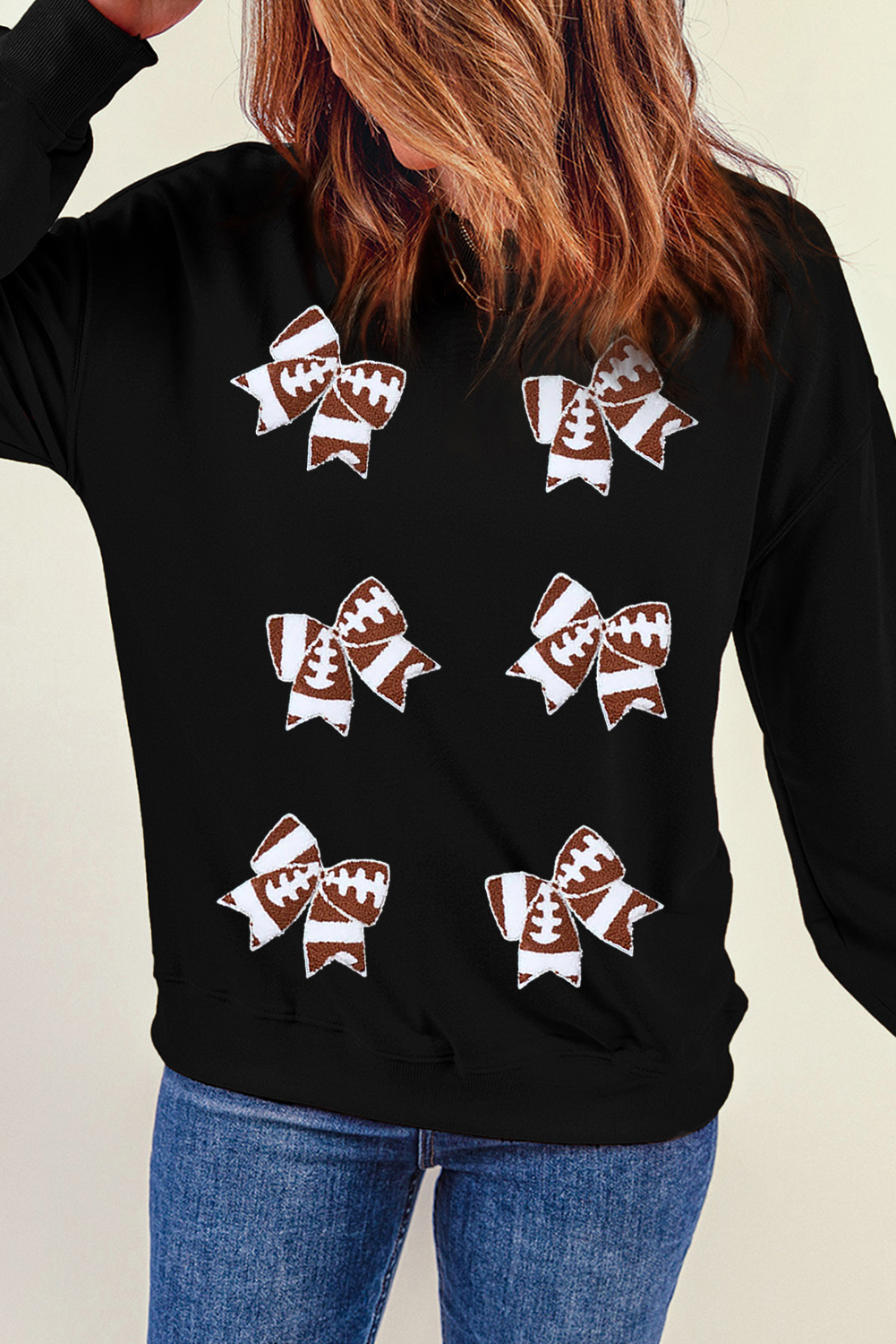 Women's Black Rugby Football Bowknot Patched Crew Neck Sweatshirt - Detail View 6 Women's Black Rugby Football Bowknot Patched Crew Neck Sweatshirt - Detail View 6