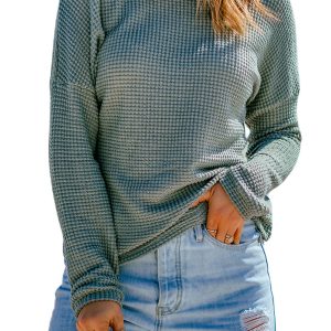 Women's Green Waffle Knit Drop Shoulder Long Sleeve Top - Main View