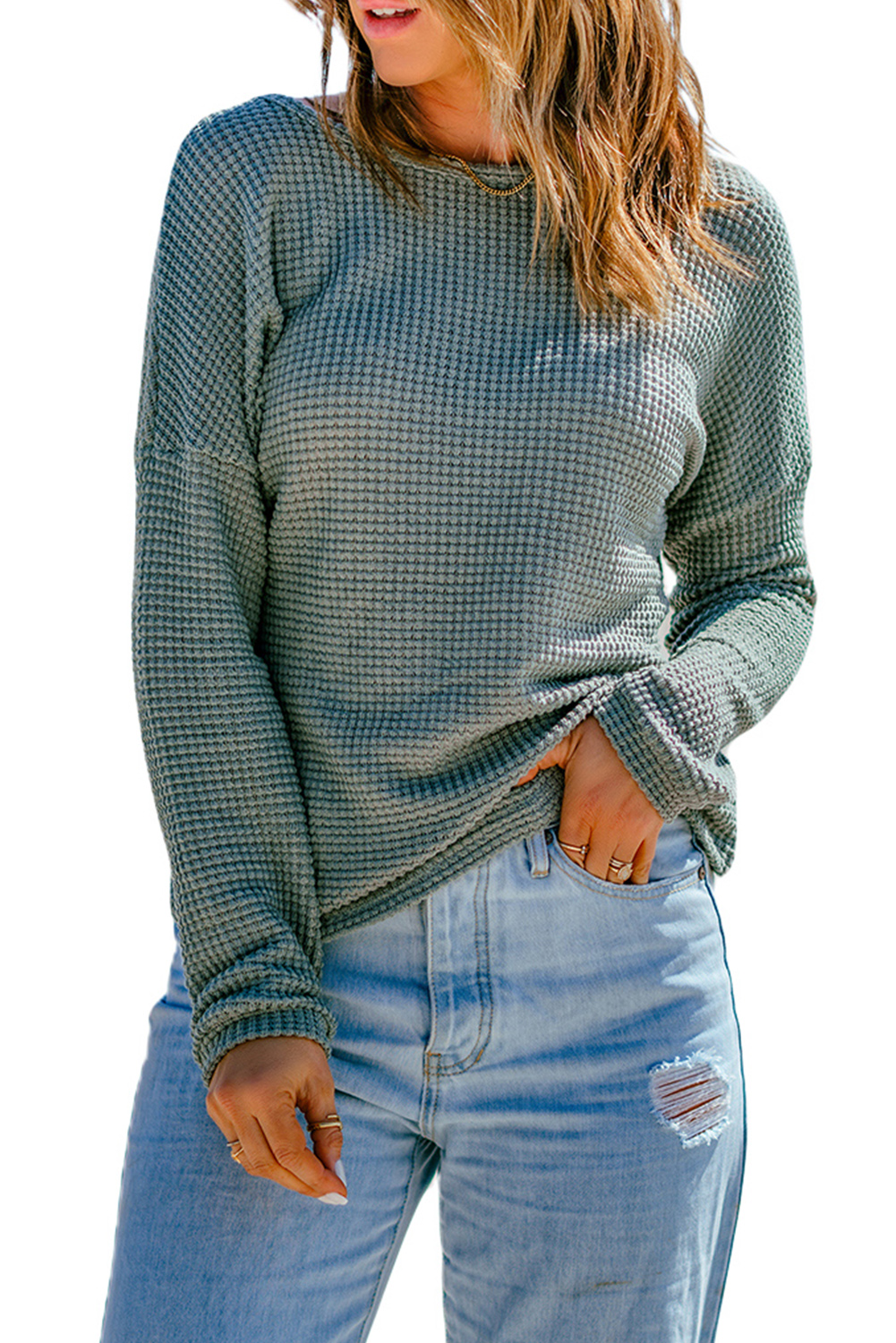 Women's Green Waffle Knit Drop Shoulder Long Sleeve Top - Main View Women's Green Waffle Knit Drop Shoulder Long Sleeve Top - Main View