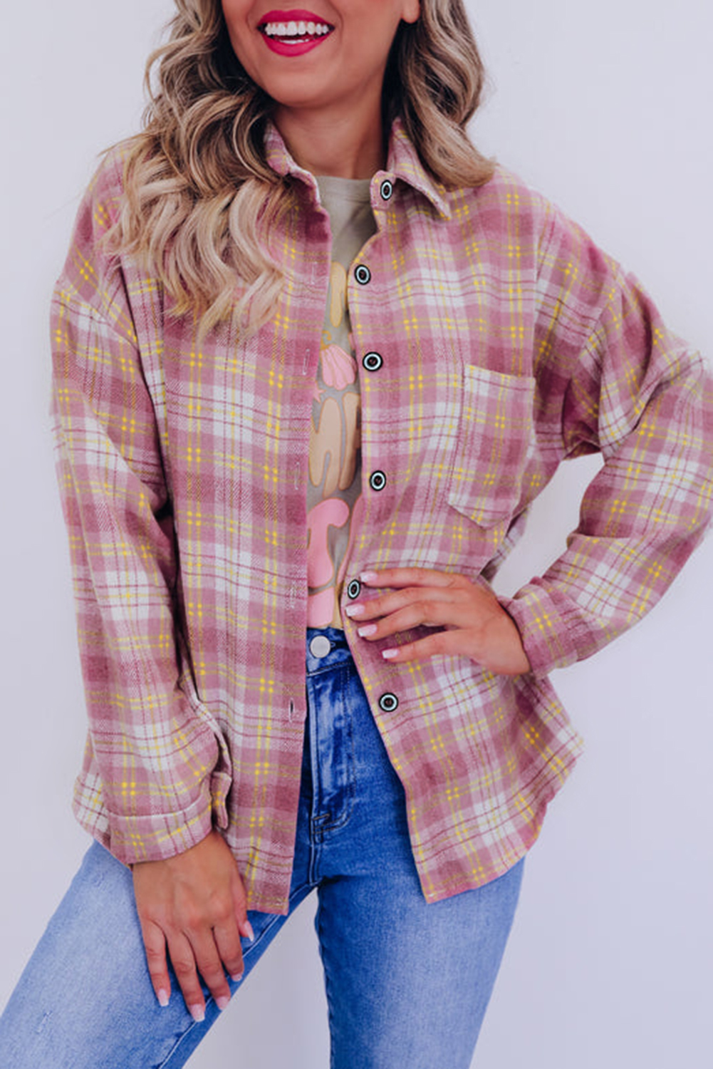 Stylish Plaid Shacket: Pink Print with Convenient Chest Pocket - Detail View 2 Stylish Plaid Shacket: Pink Print with Convenient Chest Pocket - Detail View 2