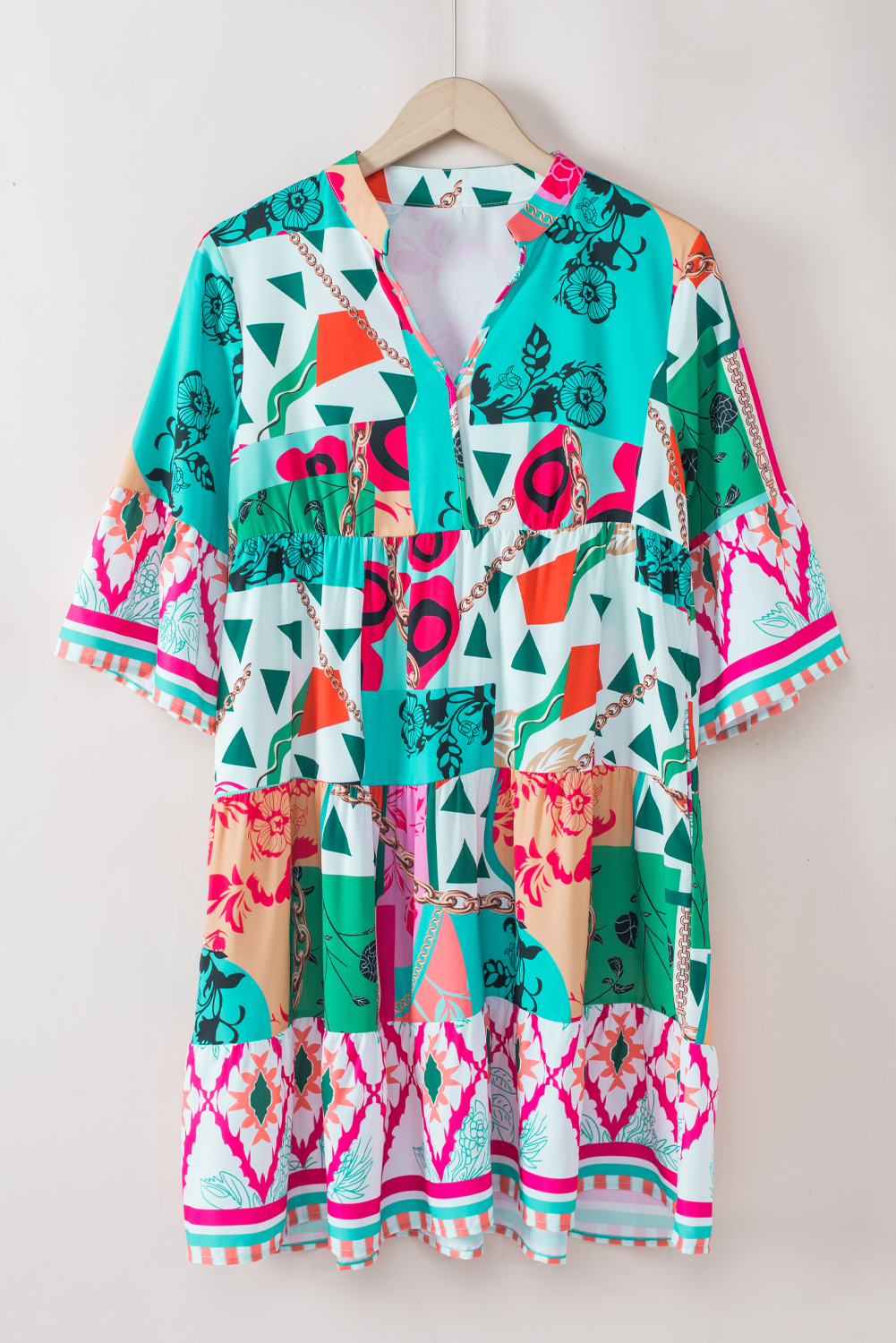 Multicolour Abstract Printed Half Sleeve Notched Neck Mini Dress - Detail View 6 Multicolour Abstract Printed Half Sleeve Notched Neck Mini Dress - Detail View 6