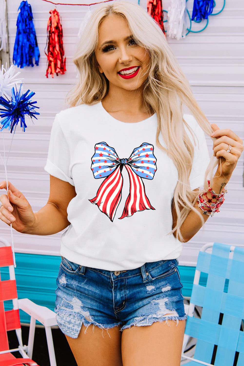 Women's T-Shirt, White, Stripes, Stars, Bowknot Print, Graphic Tee, Round Neck, Short Sleeve, Casual Style, Summer Season, Daily Wear, Graphic Tees, Shift Silhouette, Polyester, Cotton, Elastane - Detail View 10 Women's T-Shirt, White, Stripes, Stars, Bowknot Print, Graphic Tee, Round Neck, Short Sleeve, Casual Style, Summer Season, Daily Wear, Graphic Tees, Shift Silhouette, Polyester, Cotton, Elastane - Detail View 10