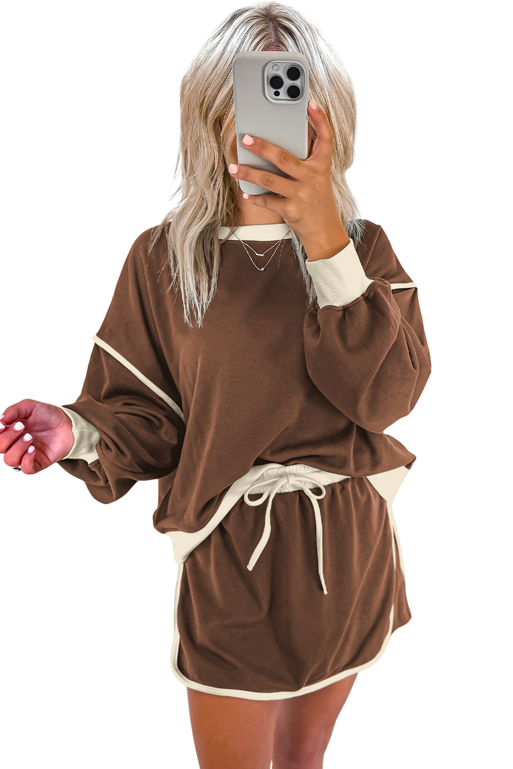Women's Casual Skort Set, Coffee Contrast Pullover Outfit - Detail View 16 Women's Casual Skort Set, Coffee Contrast Pullover Outfit - Detail View 16