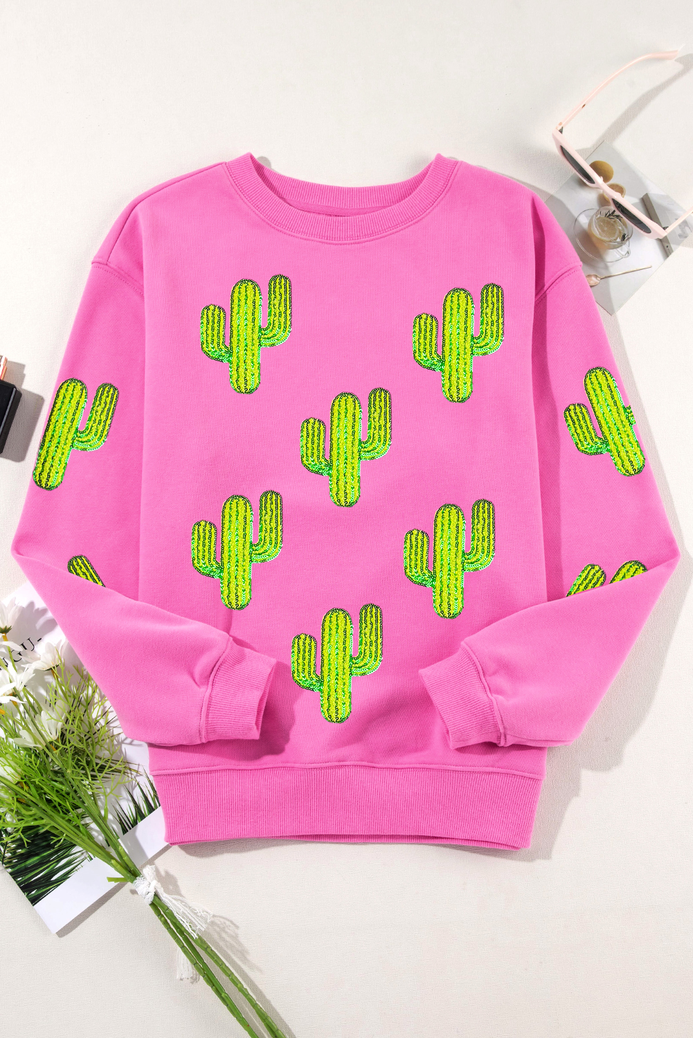 Women's Bonbon Sequined Cactus Pattern Crewneck Pullover Sweatshirt - Detail View 6 Women's Bonbon Sequined Cactus Pattern Crewneck Pullover Sweatshirt - Detail View 6