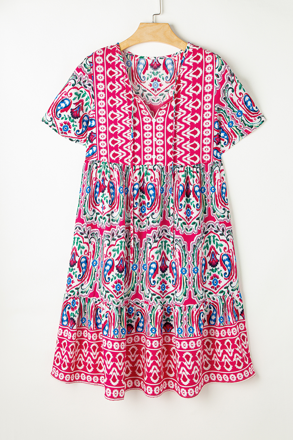 Pink Floral Boho Mini Dress, V Neck Tiered Vacation Outfit - Detail View 8 Pink Floral Boho Mini Dress, V Neck Tiered Vacation Outfit - Detail View 8