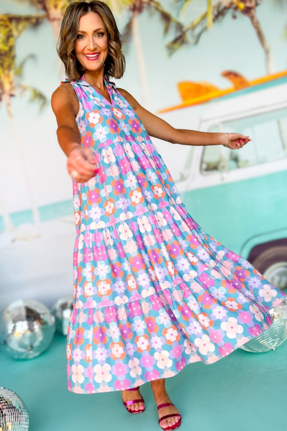 Flowing Floral Print Maxi Dress with V-Neck and Ruffled Neckline - Detail View 2 Flowing Floral Print Maxi Dress with V-Neck and Ruffled Neckline - Detail View 2