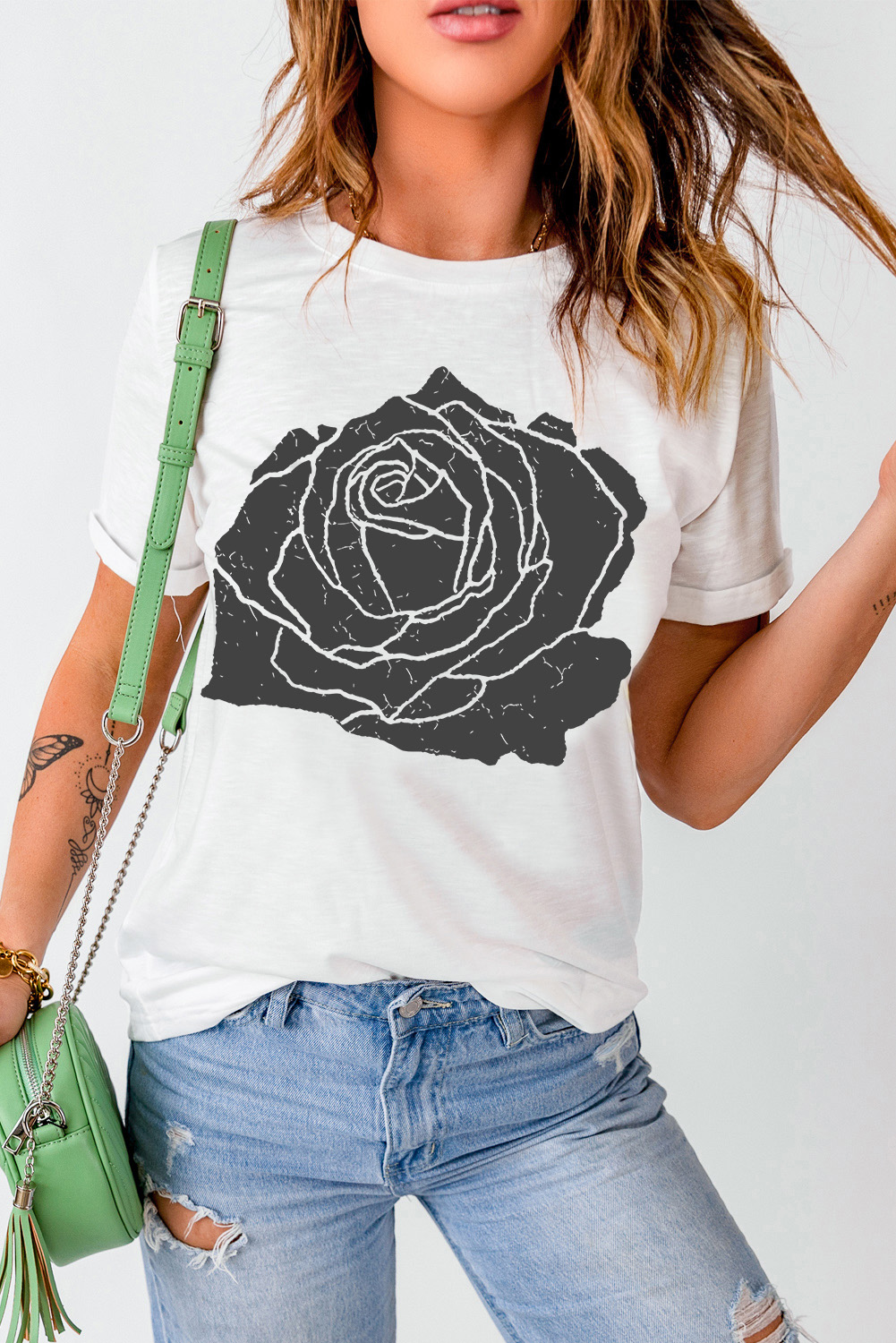 Floral Femininity: Soft and Breathable White Tee with Large Rose Print - Detail View 7 Floral Femininity: Soft and Breathable White Tee with Large Rose Print - Detail View 7