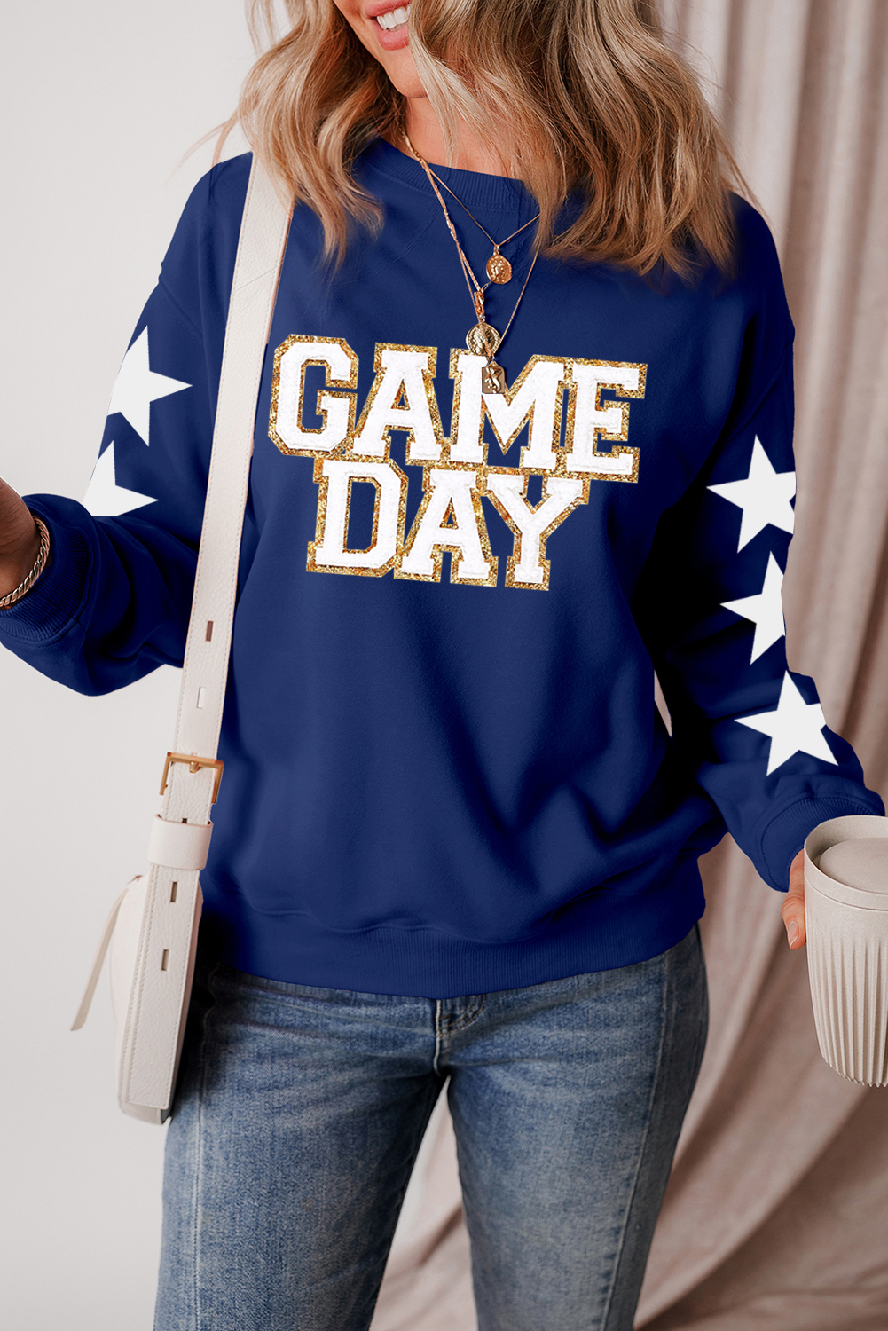 Star Power: Navy Blue Game Day Graphic Sweatshirt with Letter Patterned Sleeves - Detail View 6 Star Power: Navy Blue Game Day Graphic Sweatshirt with Letter Patterned Sleeves - Detail View 6