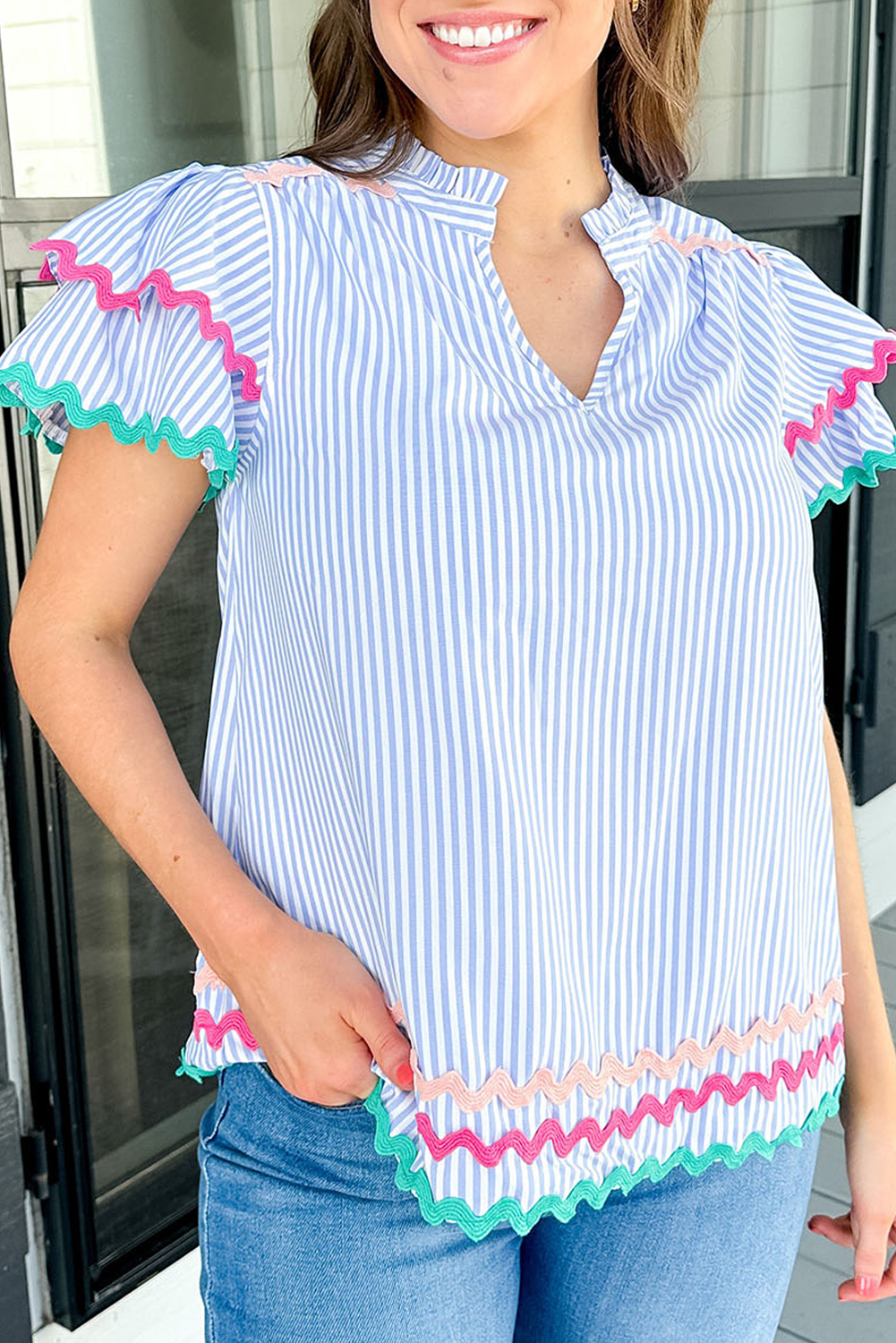 Feminine Short Sleeve Blouse: Sky Blue Stripe with V-Neck and Ruffled Sleeves - Detail View 2 Feminine Short Sleeve Blouse: Sky Blue Stripe with V-Neck and Ruffled Sleeves - Detail View 2
