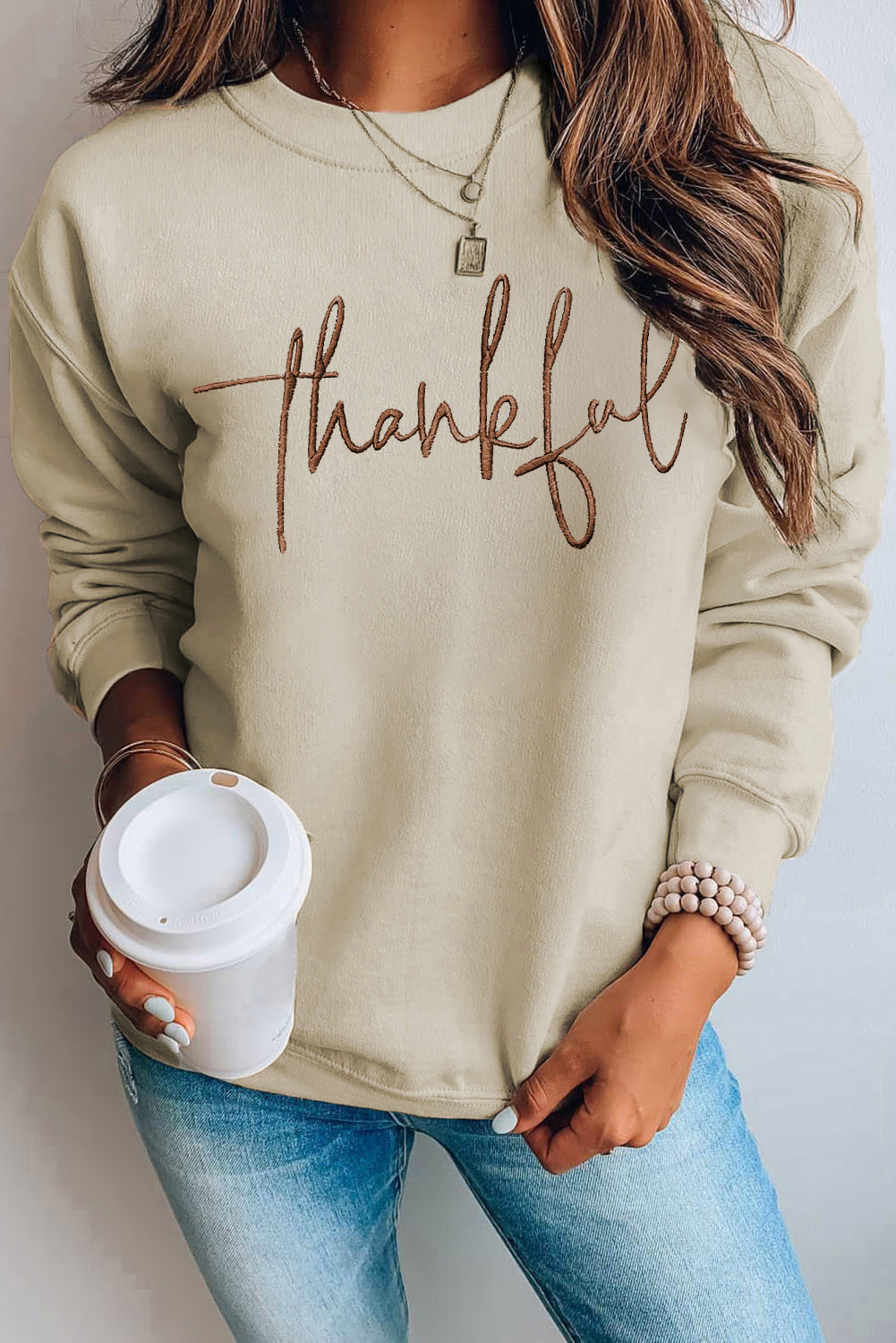 Thankful Embroidered Sweatshirt - Parchment Color, Perfect for Thanksgiving Day - Detail View 2 Thankful Embroidered Sweatshirt - Parchment Color, Perfect for Thanksgiving Day - Detail View 2