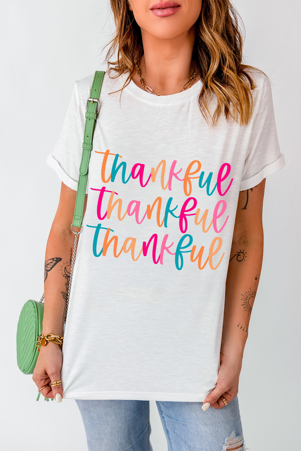 Casual Crew Neck Graphic Tee: 'Thankful' Letter Print for Thanksgiving - Detail View 6 Casual Crew Neck Graphic Tee: 'Thankful' Letter Print for Thanksgiving - Detail View 6