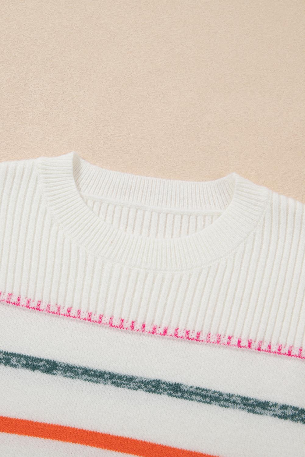Women's White Colorful Striped Ribbed Trim Sweater - Detail View 21 Women's White Colorful Striped Ribbed Trim Sweater - Detail View 21