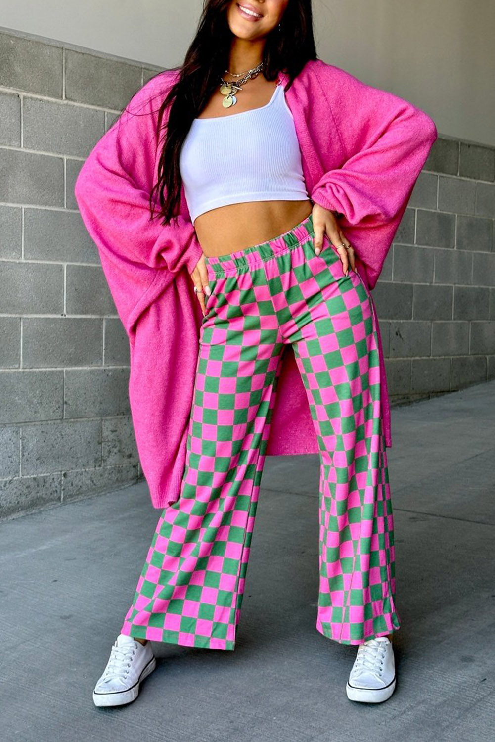 Comfortable and Stylish Women's Checked Print Wide Leg Pants - High Waist and Relaxed Fit - Detail View 3 Comfortable and Stylish Women's Checked Print Wide Leg Pants - High Waist and Relaxed Fit - Detail View 3