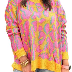 Women's Vitality Orange Abstract Print Baggy Sweater with Ribbed Trim - Main View