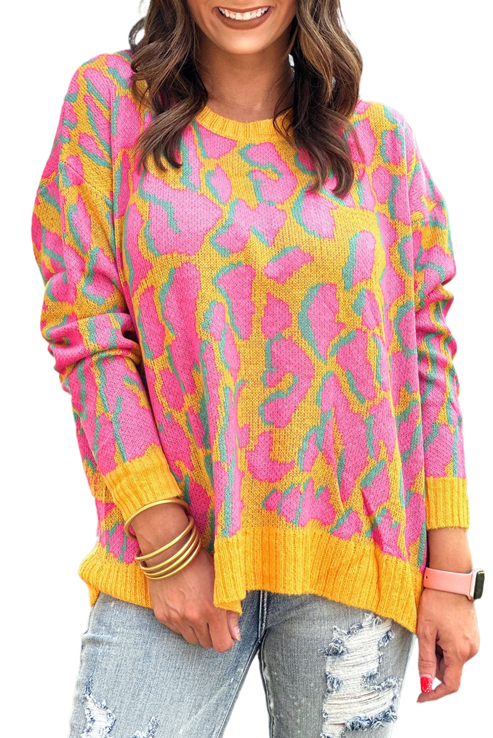 Women's Vitality Orange Abstract Print Baggy Sweater with Ribbed Trim - Main View Women's Vitality Orange Abstract Print Baggy Sweater with Ribbed Trim - Main View