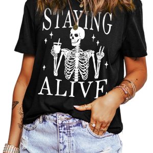 Women's Black STAYING ALIVE Funny Skeleton Print Round Neck T-Shirt - Main View