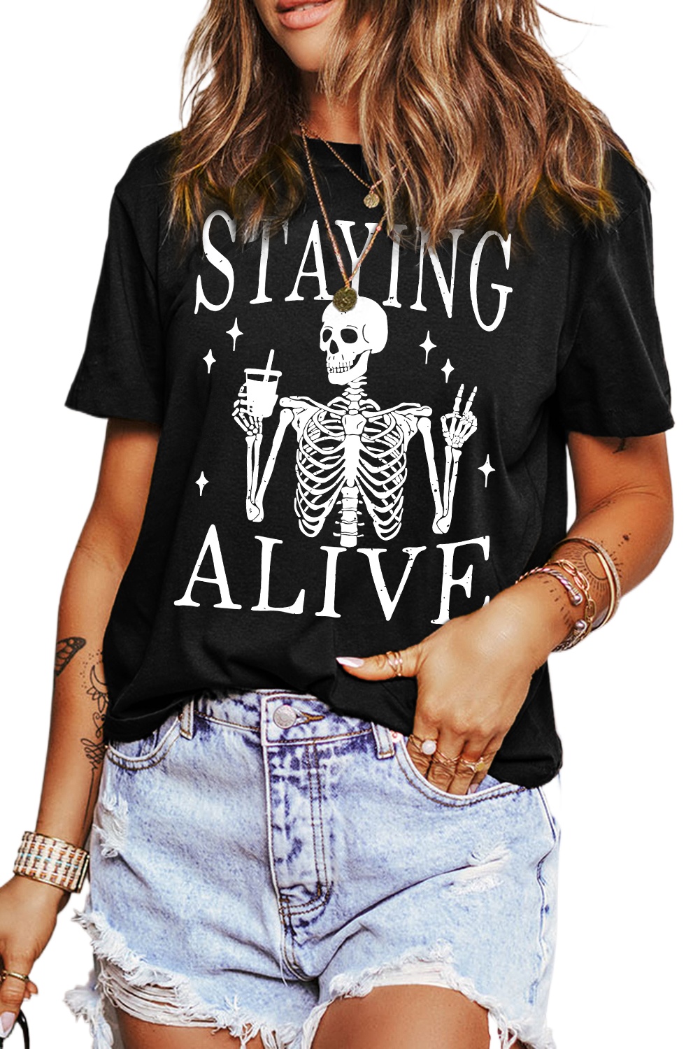 Women's Black STAYING ALIVE Funny Skeleton Print Round Neck T-Shirt - Main View Women's Black STAYING ALIVE Funny Skeleton Print Round Neck T-Shirt - Main View