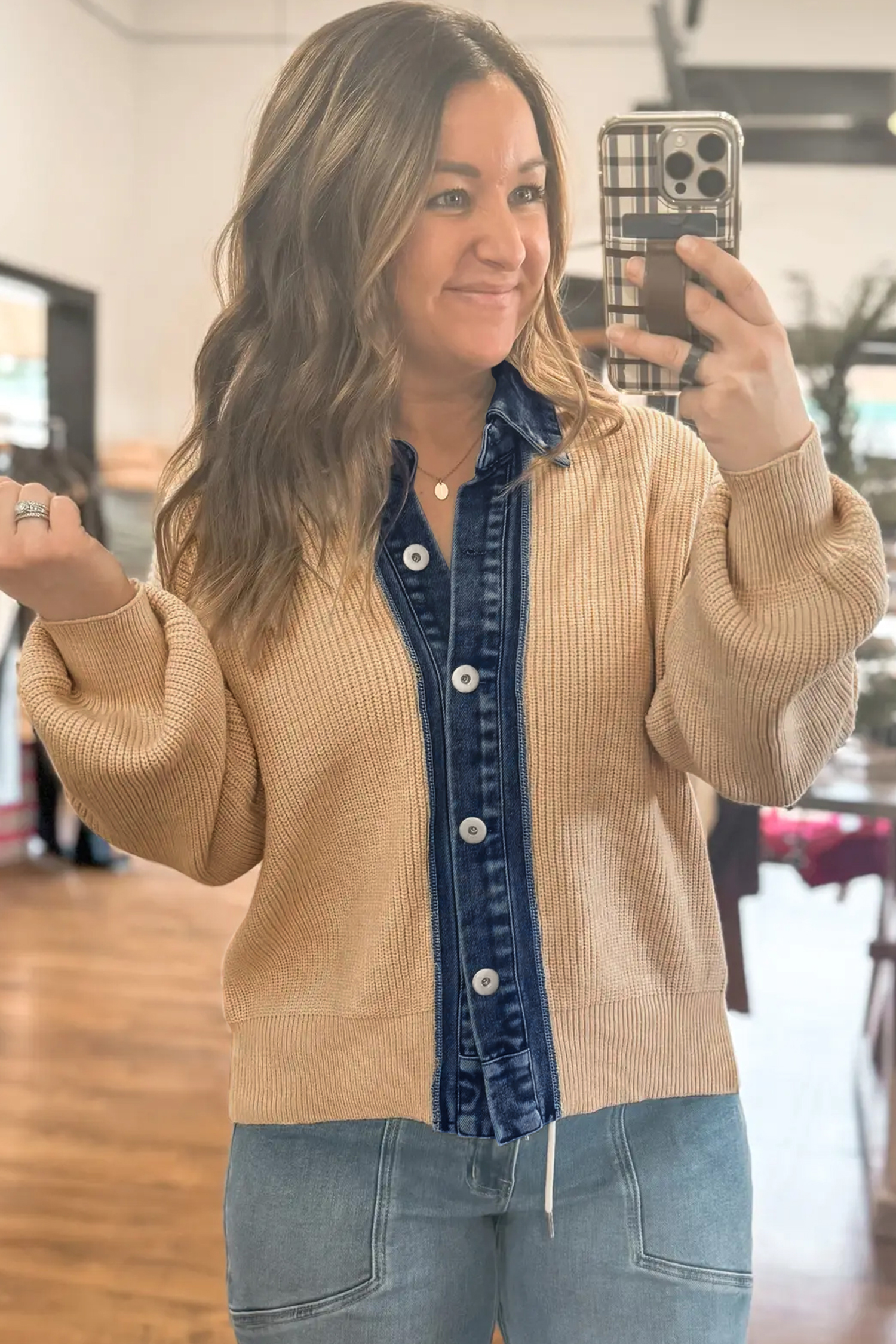 Women's Contrast Panel Cardigan, Chic Shirt Collar Sweater - Detail View 14 Women's Contrast Panel Cardigan, Chic Shirt Collar Sweater - Detail View 14