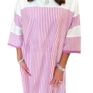 Women's Phalaenopsis Striped Patchwork Loose Mini Dress with Three-Quarter Sleeves - Main View