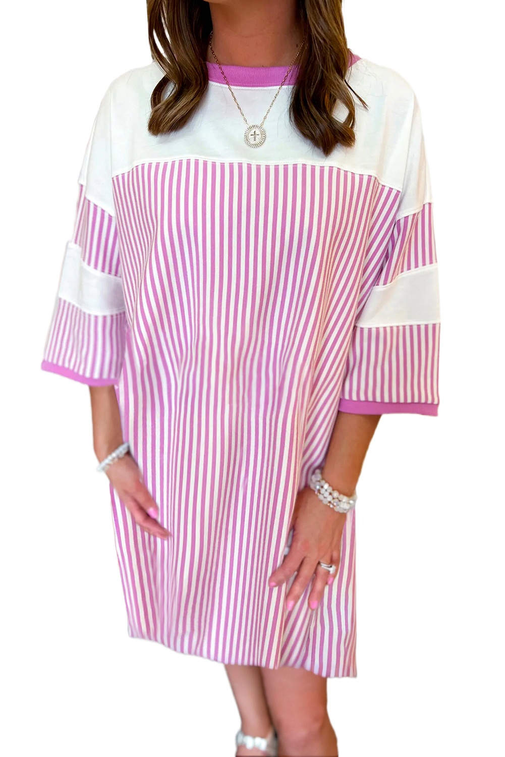 Women's Phalaenopsis Striped Patchwork Loose Mini Dress with Three-Quarter Sleeves - Main View Women's Phalaenopsis Striped Patchwork Loose Mini Dress with Three-Quarter Sleeves - Main View