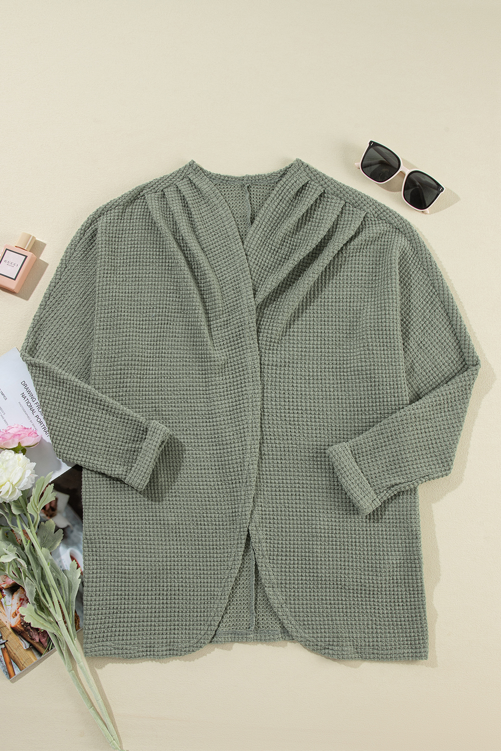 Women's Laurel Green Waffle Knit Open Front Cardigan - Detail View 6 Women's Laurel Green Waffle Knit Open Front Cardigan - Detail View 6