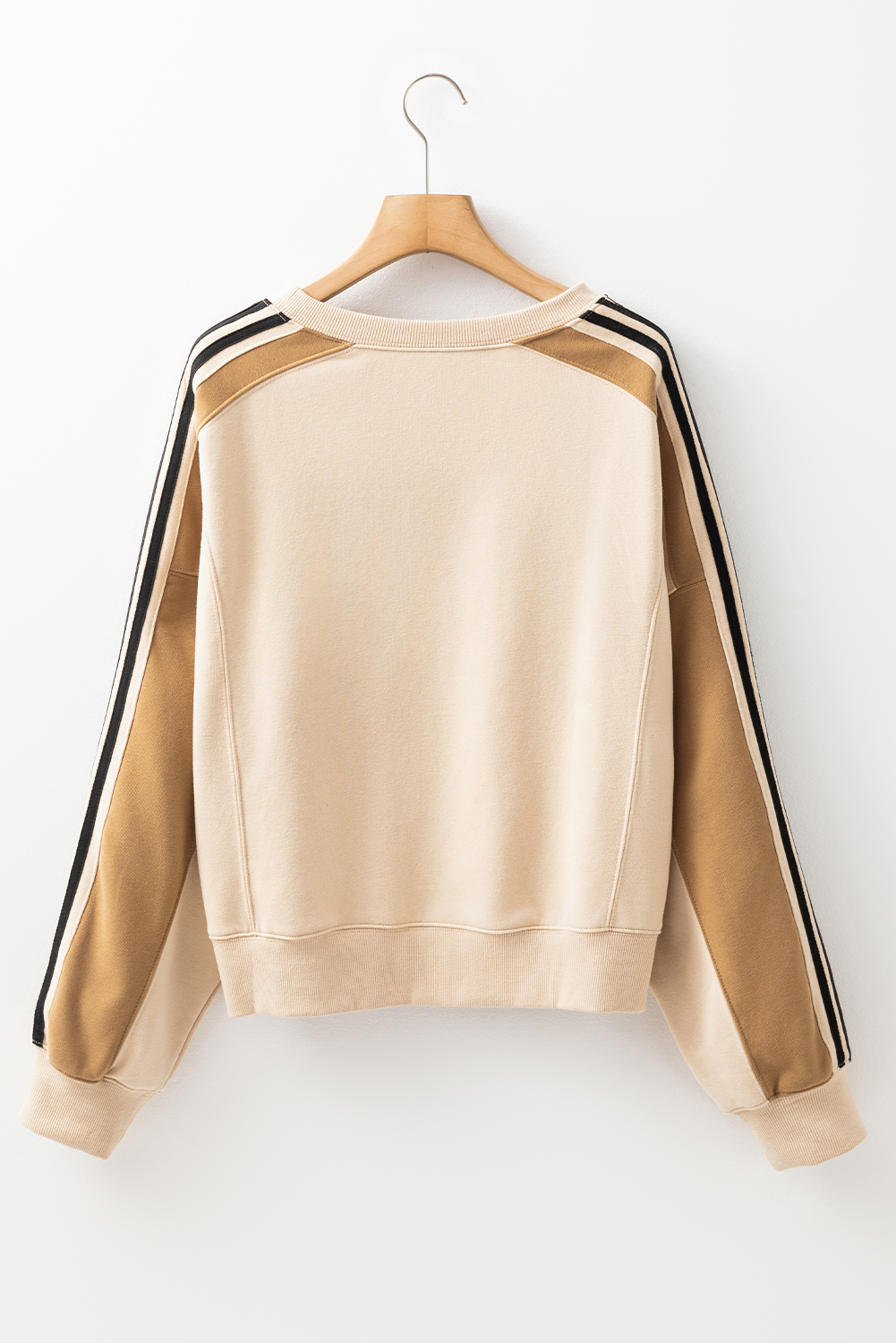 Women's Beige Contrast Striped Patchwork Drop Shoulder Loose Sweatshirt - Detail View 9 Women's Beige Contrast Striped Patchwork Drop Shoulder Loose Sweatshirt - Detail View 9