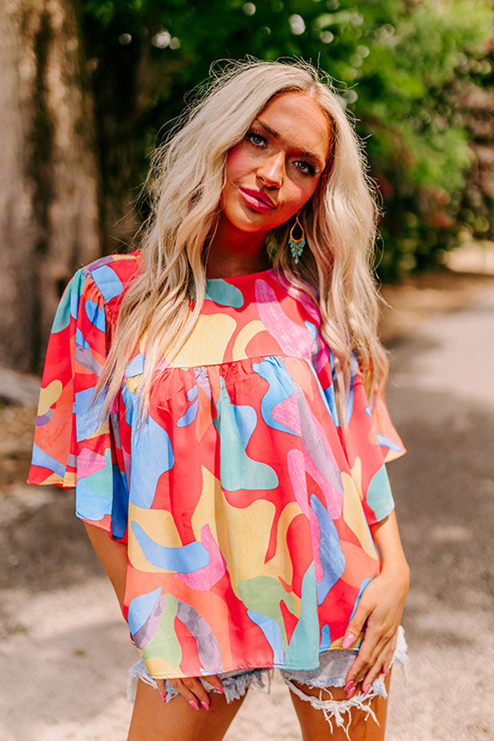 Flowy Short Sleeve Blouse, Abstract Pattern Casual Shirt - Detail View 6 Flowy Short Sleeve Blouse, Abstract Pattern Casual Shirt - Detail View 6