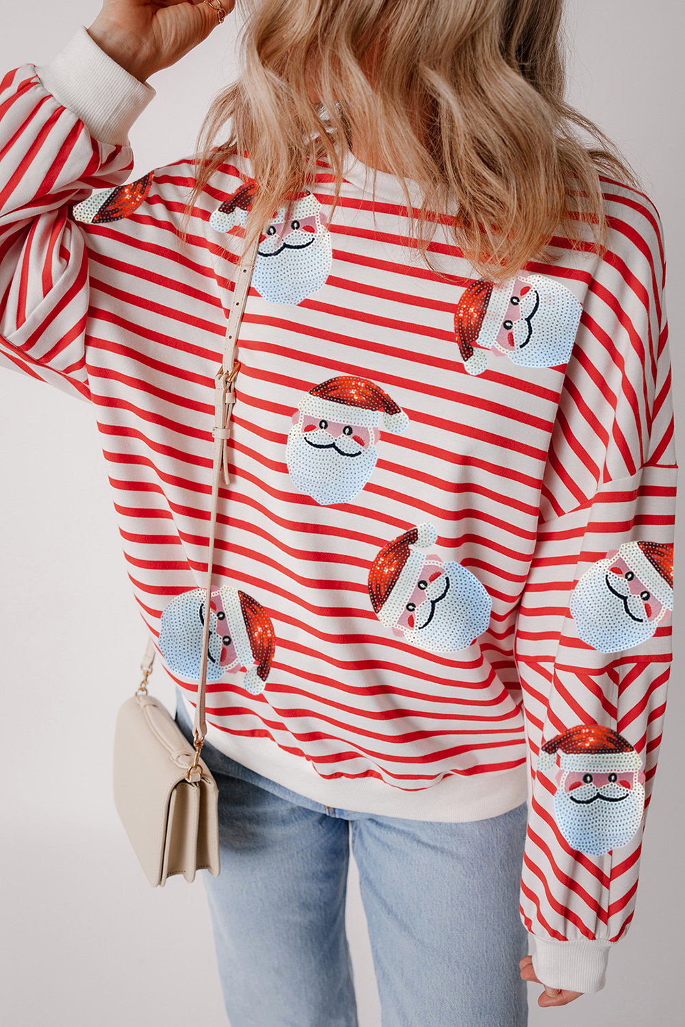 Cozy Long Sleeve Christmas Sweatshirt - Stylish Orange Stripe with Sequin Detail - Detail View 3 Cozy Long Sleeve Christmas Sweatshirt - Stylish Orange Stripe with Sequin Detail - Detail View 3