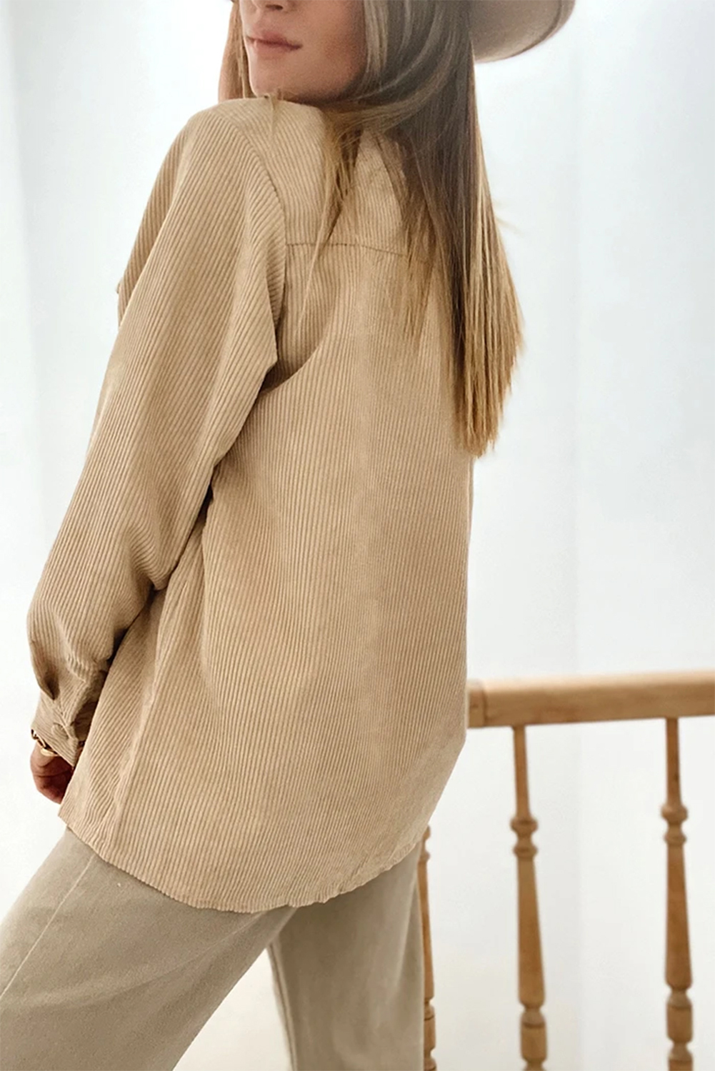 Elegant Solid Color Corduroy Jacket with Classic Shirt Collar - Detail View 3 Elegant Solid Color Corduroy Jacket with Classic Shirt Collar - Detail View 3