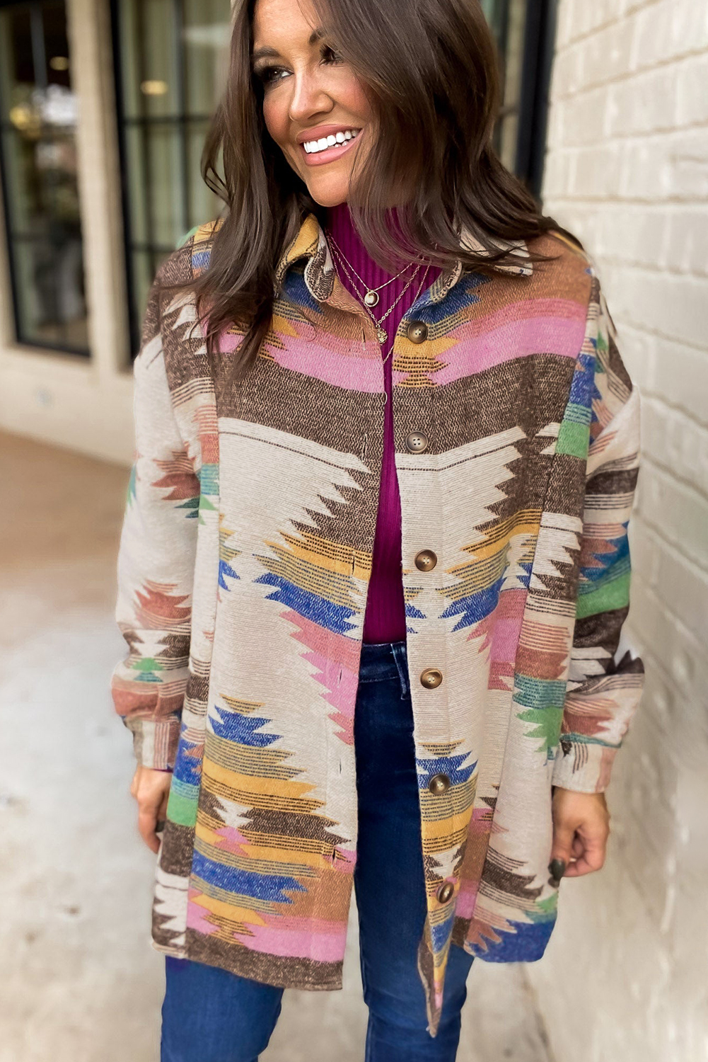 Women's White Aztec Print Button Up Shacket - Detail View 6 Women's White Aztec Print Button Up Shacket - Detail View 6