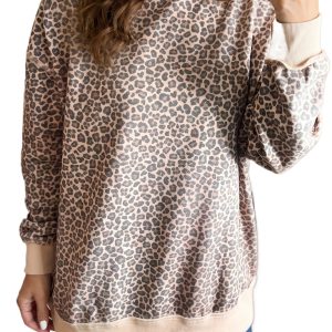 Women's Leopard Print Sweatshirt, Mock Neck Long Sleeve Top - Main View