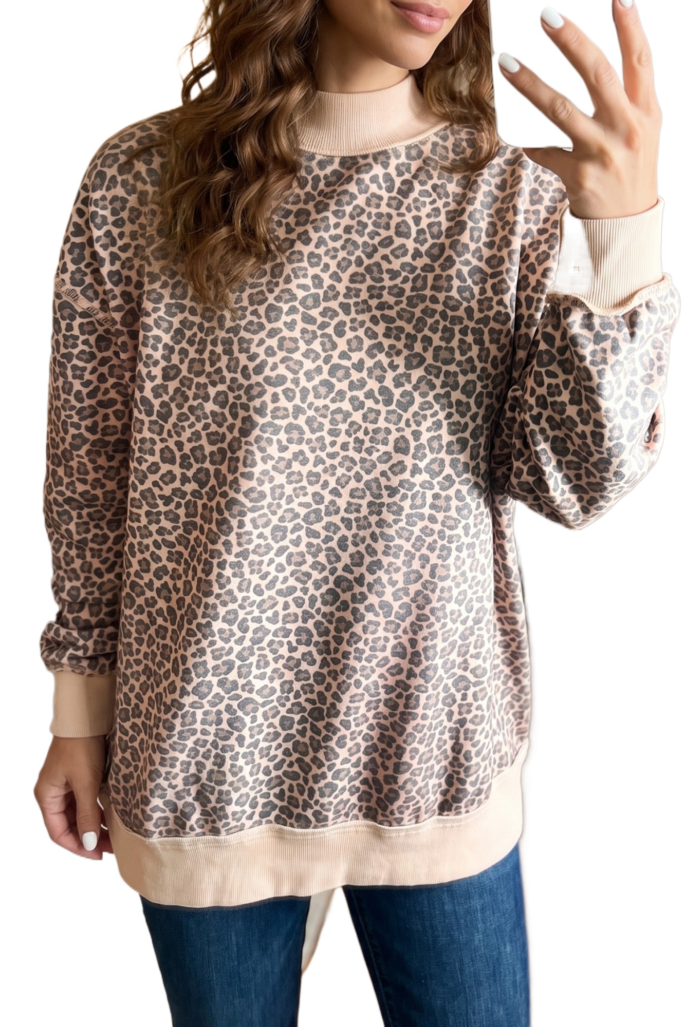 Women's Leopard Print Sweatshirt, Mock Neck Long Sleeve Top - Main View Women's Leopard Print Sweatshirt, Mock Neck Long Sleeve Top - Main View