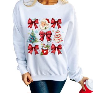 Women's Beige Christmas Tree Bowknot Santa Clause Graphic Holiday Sweatshirt - Main View