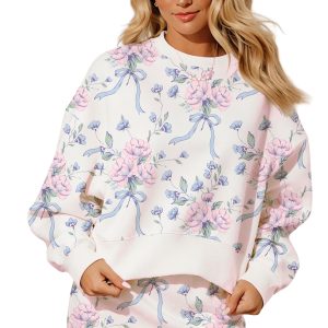 Women's Floral Long Sleeve Skort Set, Casual Two Piece Outfit - Main View