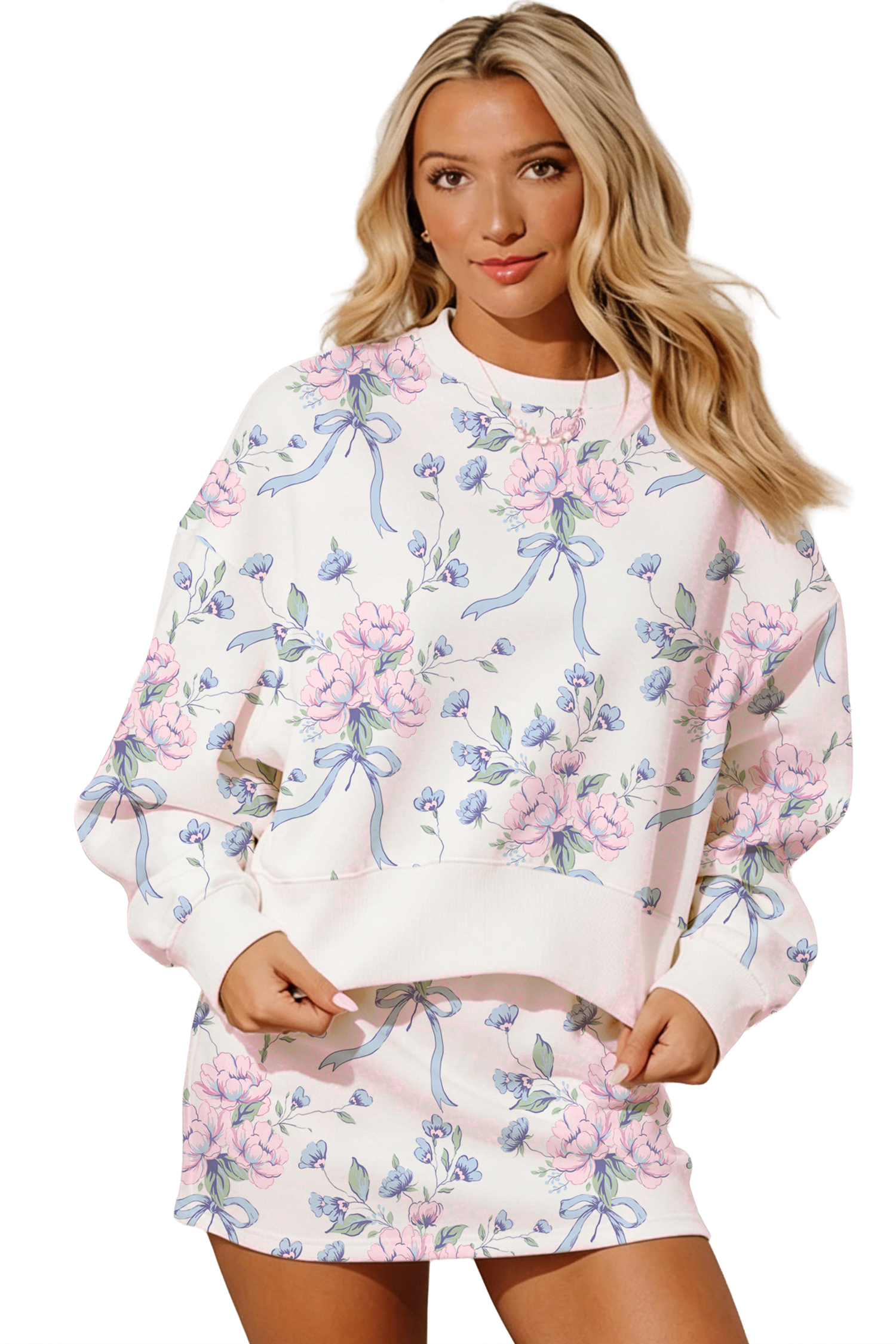 Women's Floral Long Sleeve Skort Set, Casual Two Piece Outfit - Main View Women's Floral Long Sleeve Skort Set, Casual Two Piece Outfit - Main View