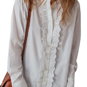 Women's White Lace Crochet Trim Long Sleeve Shirt with Turn-Down Collar - Main View