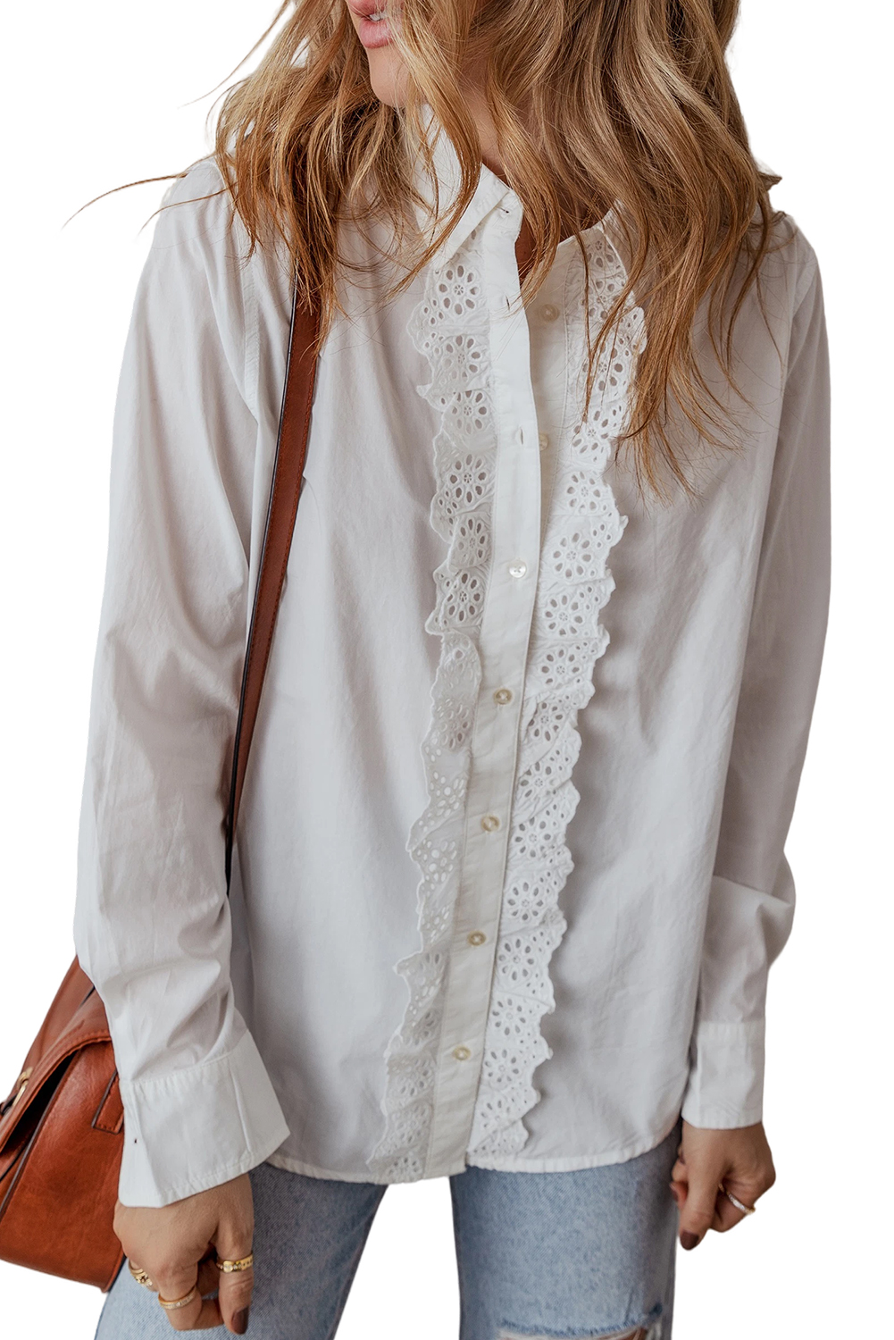 Women's White Lace Crochet Trim Long Sleeve Shirt with Turn-Down Collar - Main View Women's White Lace Crochet Trim Long Sleeve Shirt with Turn-Down Collar - Main View