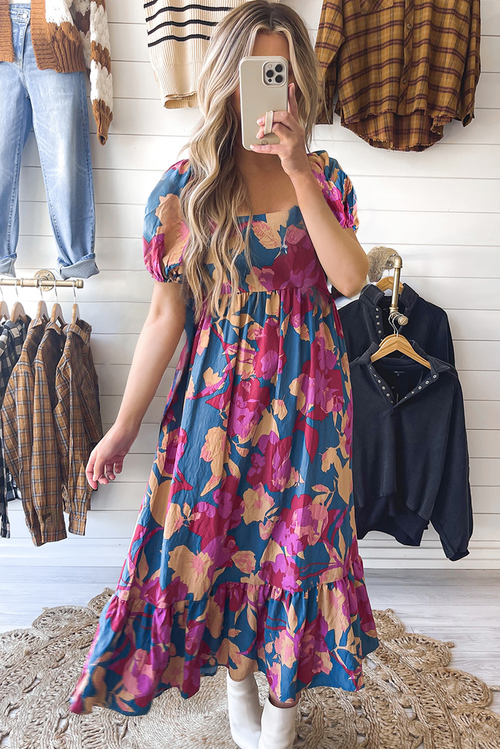 Women's Floral Maxi Dress, Square Neck Casual Summer Outfit - Detail View 10 Women's Floral Maxi Dress, Square Neck Casual Summer Outfit - Detail View 10