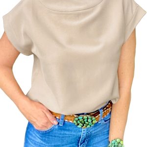 Women's Oatmeal Mock Neck Top, Casual Short Sleeve Blouse - Main View