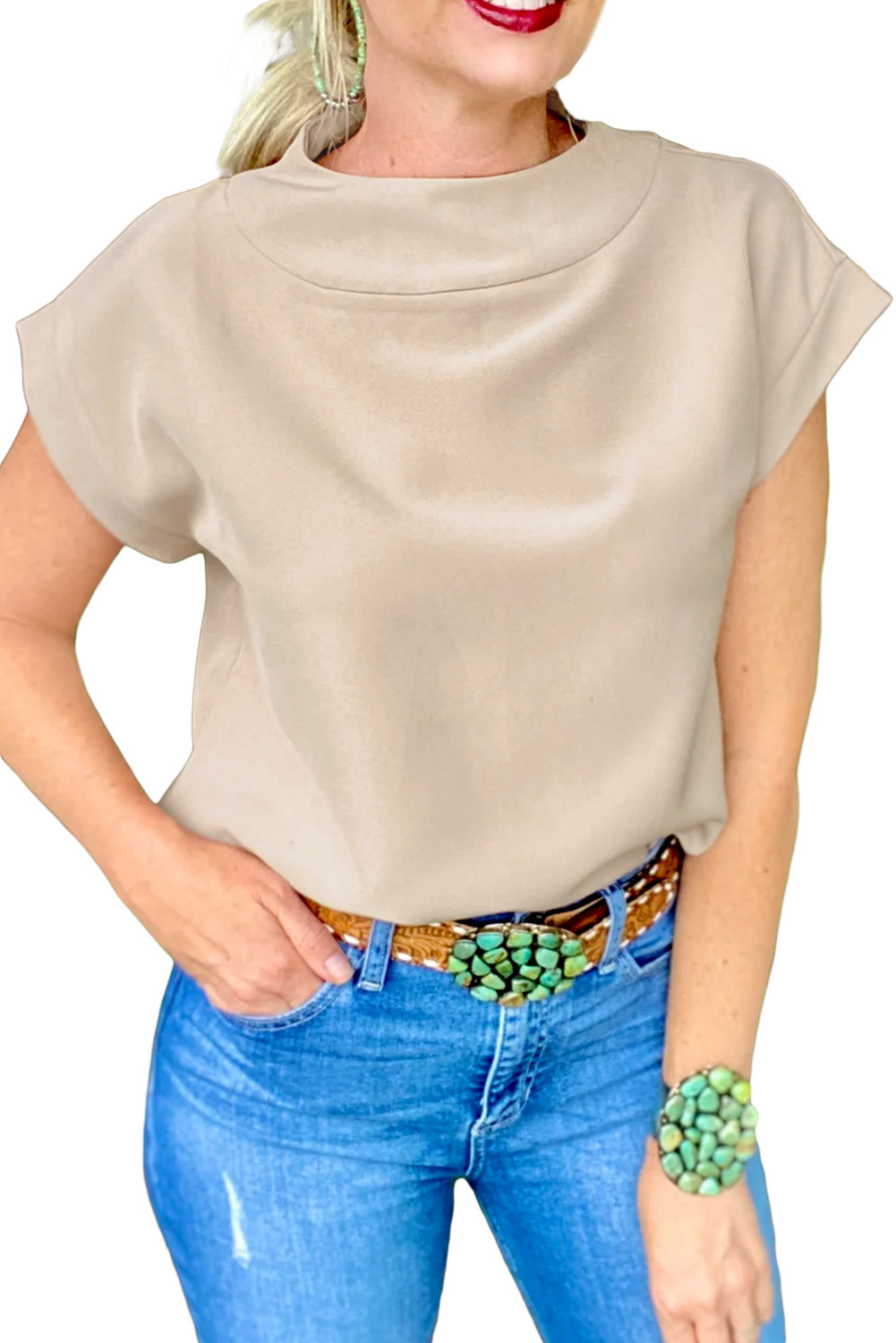 Women's Oatmeal Mock Neck Top, Casual Short Sleeve Blouse - Main View Women's Oatmeal Mock Neck Top, Casual Short Sleeve Blouse - Main View