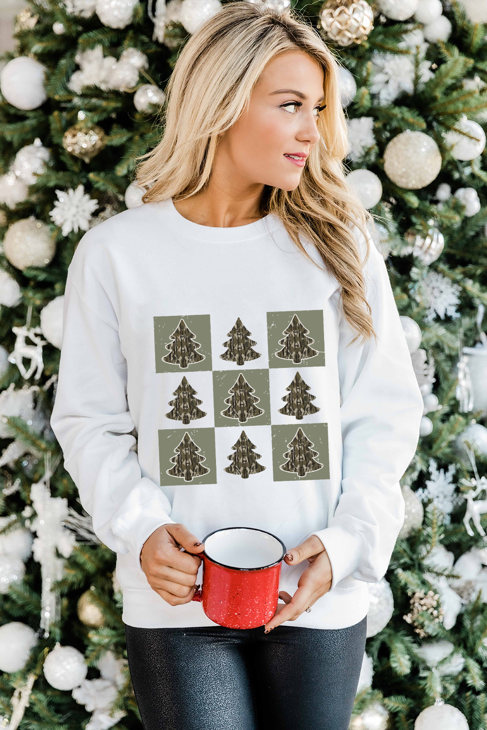 Casual Long Sleeve Crew Neck Sweatshirt with Checkerboard Christmas Tree Design - Detail View 2 Casual Long Sleeve Crew Neck Sweatshirt with Checkerboard Christmas Tree Design - Detail View 2