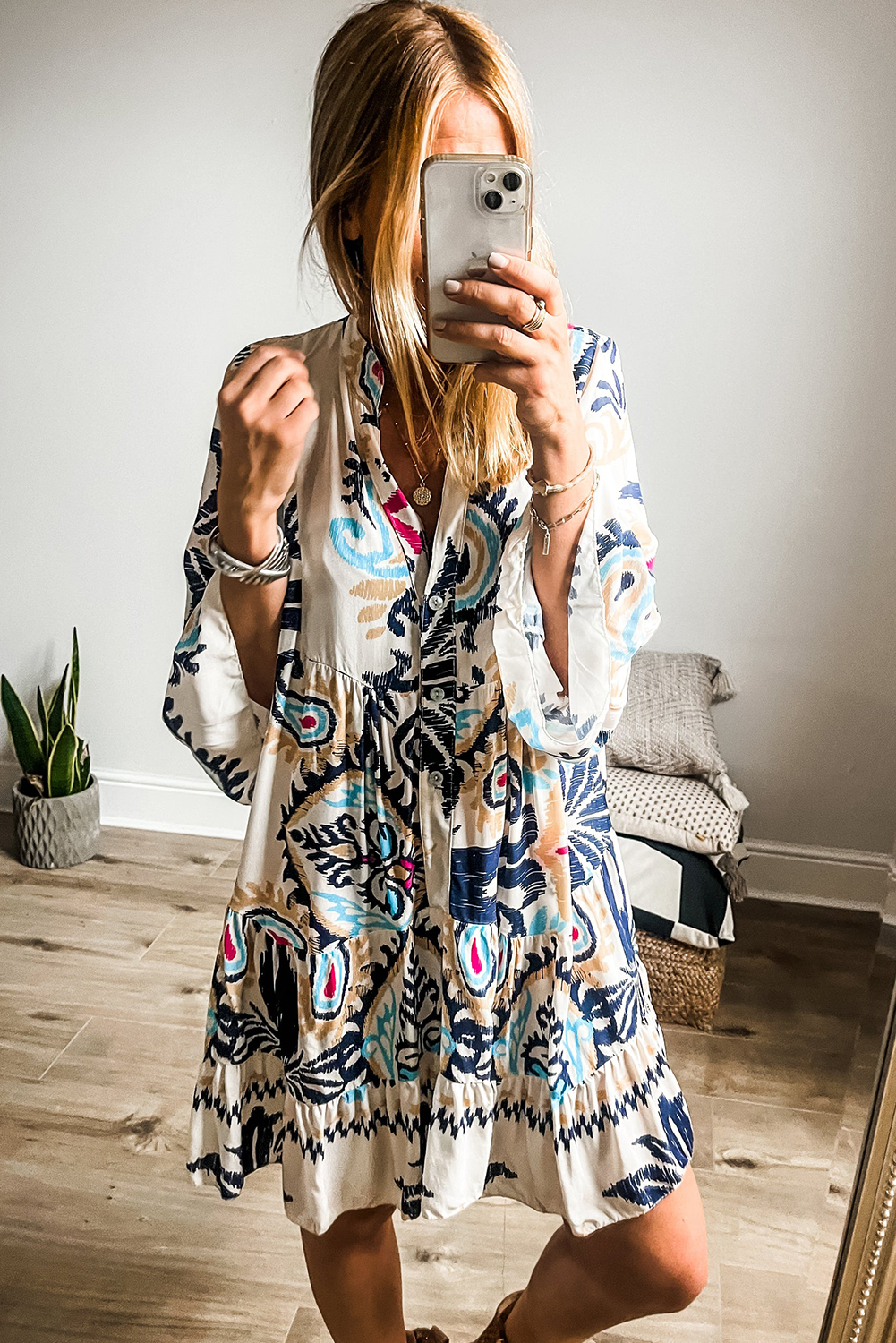 Women's White Printed Tribal Print Bracelet Sleeve Buttoned Mini Dress - Detail View 6 Women's White Printed Tribal Print Bracelet Sleeve Buttoned Mini Dress - Detail View 6