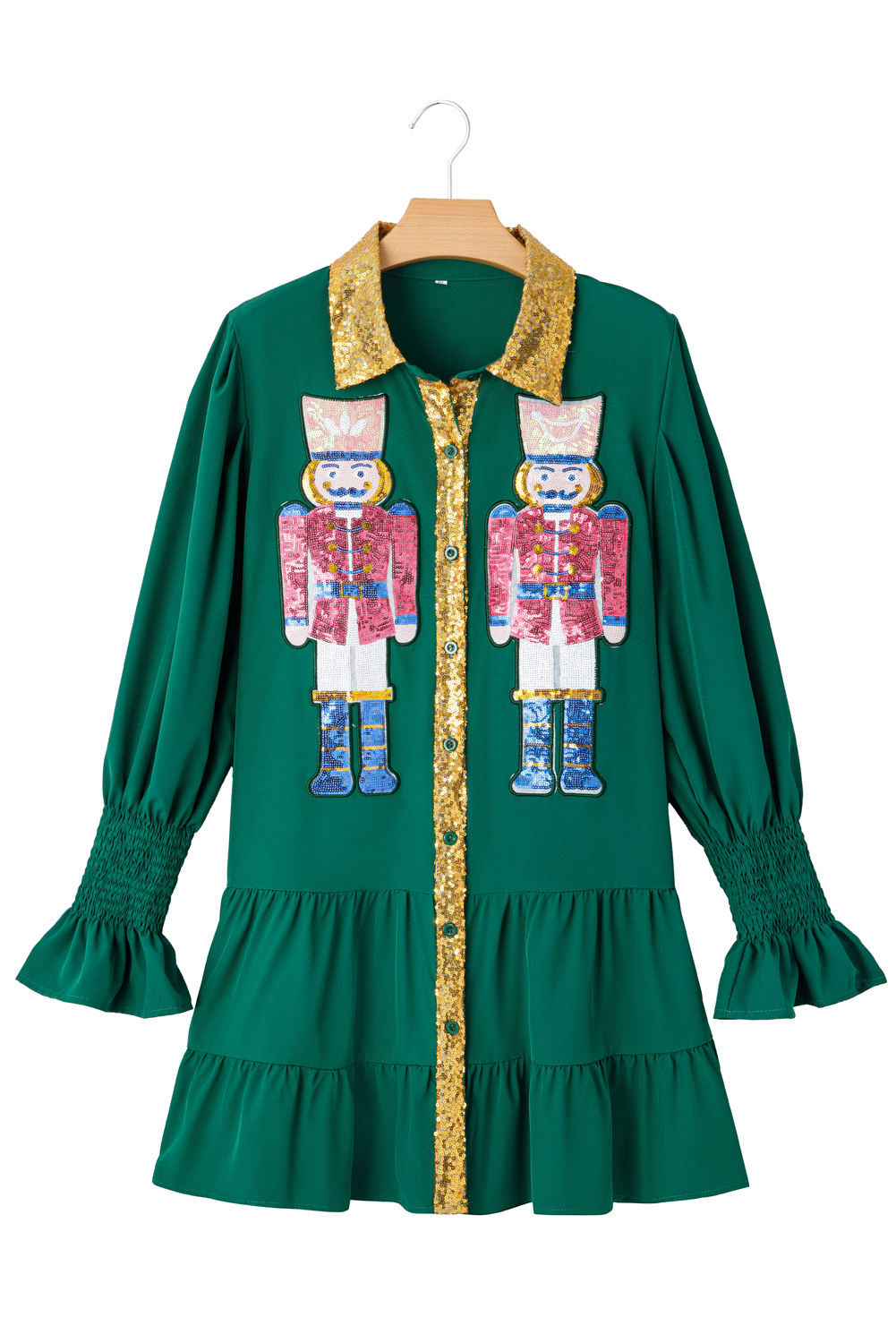 Women's Mini Dress, Evergreen Color, Christmas Dress, Sequin Detail, Nutcracker Graphic, Collared Dress, Long Sleeve, Ruffled Sleeves, Holiday Fashion, Elegant Design, Daily Wear, Fall & Autumn, Shift Silhouette, Cute and Festive, 100% Polyester, Stylish Layered Dress - Detail View 12 Women's Mini Dress, Evergreen Color, Christmas Dress, Sequin Detail, Nutcracker Graphic, Collared Dress, Long Sleeve, Ruffled Sleeves, Holiday Fashion, Elegant Design, Daily Wear, Fall & Autumn, Shift Silhouette, Cute and Festive, 100% Polyester, Stylish Layered Dress - Detail View 12