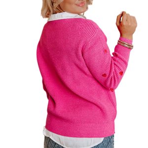 Women's Rose Red Heart Shape Drop Shoulder Sweater - Casual Round Neck Knit - Main View