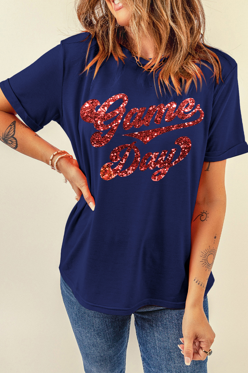 Women's T-Shirt, Blue Graphic Tee, Game Day Shirt, Cuffed Sleeve, Crew Neck, Glitter Design, Comfortable, Casual Wear, Team Spirit, Sports Apparel, Daily Wear, Shift Silhouette, Summer Fashion, Graphic Tees - Detail View 4 Women's T-Shirt, Blue Graphic Tee, Game Day Shirt, Cuffed Sleeve, Crew Neck, Glitter Design, Comfortable, Casual Wear, Team Spirit, Sports Apparel, Daily Wear, Shift Silhouette, Summer Fashion, Graphic Tees - Detail View 4
