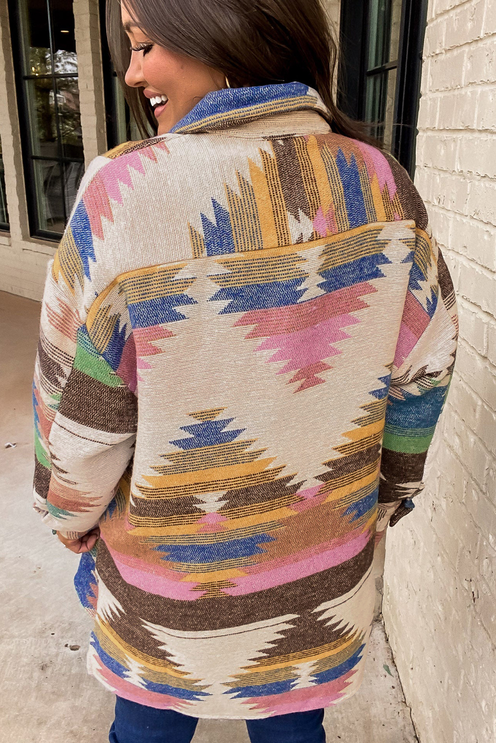 Western-Inspired Long Sleeve Shacket - Vibrant Aztec Print - Detail View 2 Western-Inspired Long Sleeve Shacket - Vibrant Aztec Print - Detail View 2